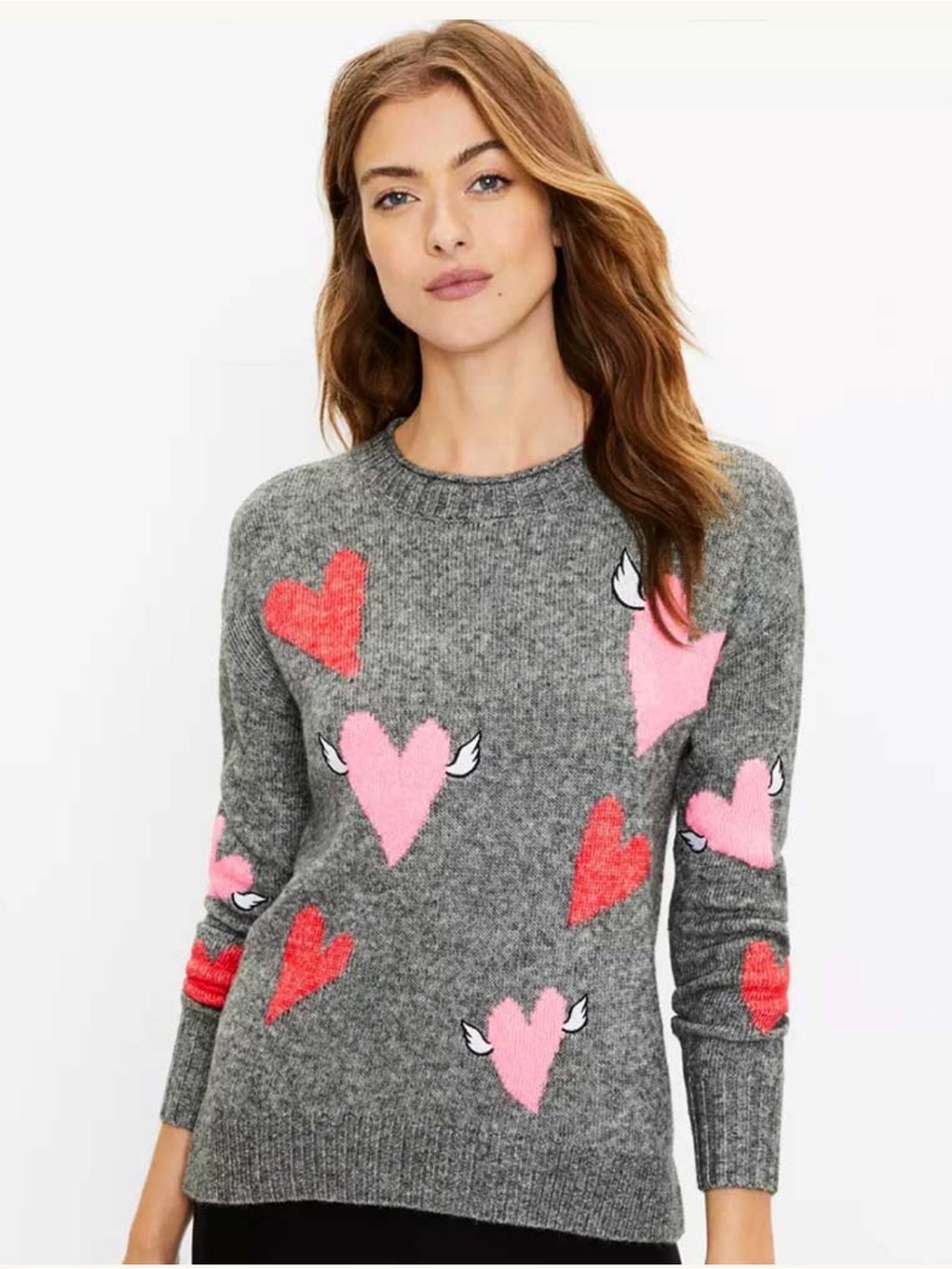 LOFT Lou & Grey Heart Sweater Gray Knit Angel Wing Hearts Cotton Blend